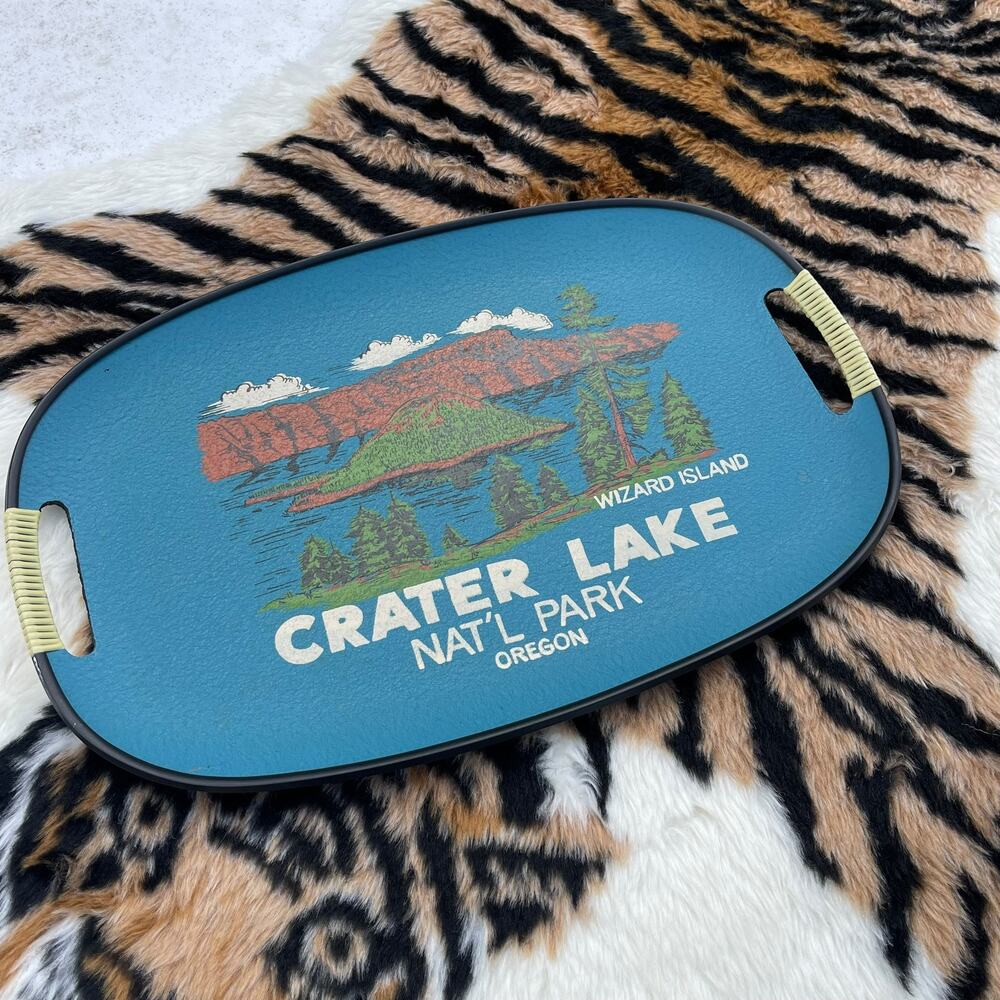 Vintage Crater Lake Oregon Wizard Island Souvenir Serving Tray Blue 17.75"